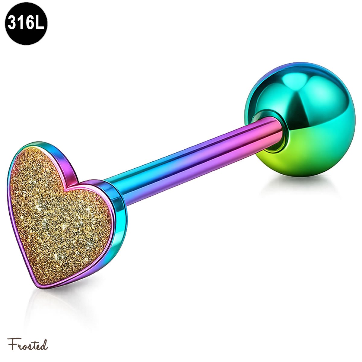 Tongpiercing hartje rainbow 316L staal 1.6mm x 16mm - Multi Color