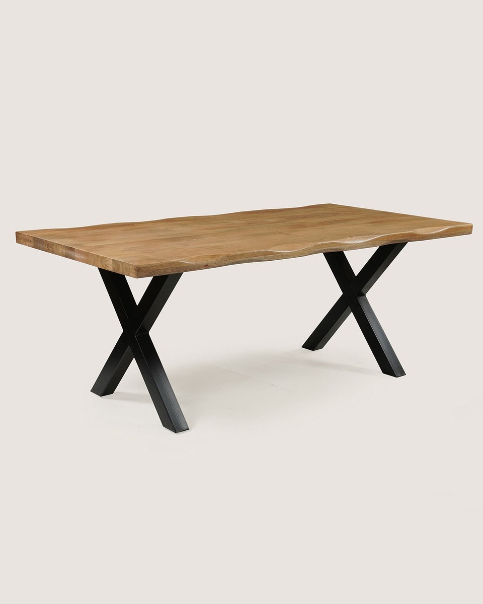 Rechthoekige Boomstam Eettafel 180 cm Mangohout – Zwart Metalen X-Poot – Industrieel – 6-8 Personen