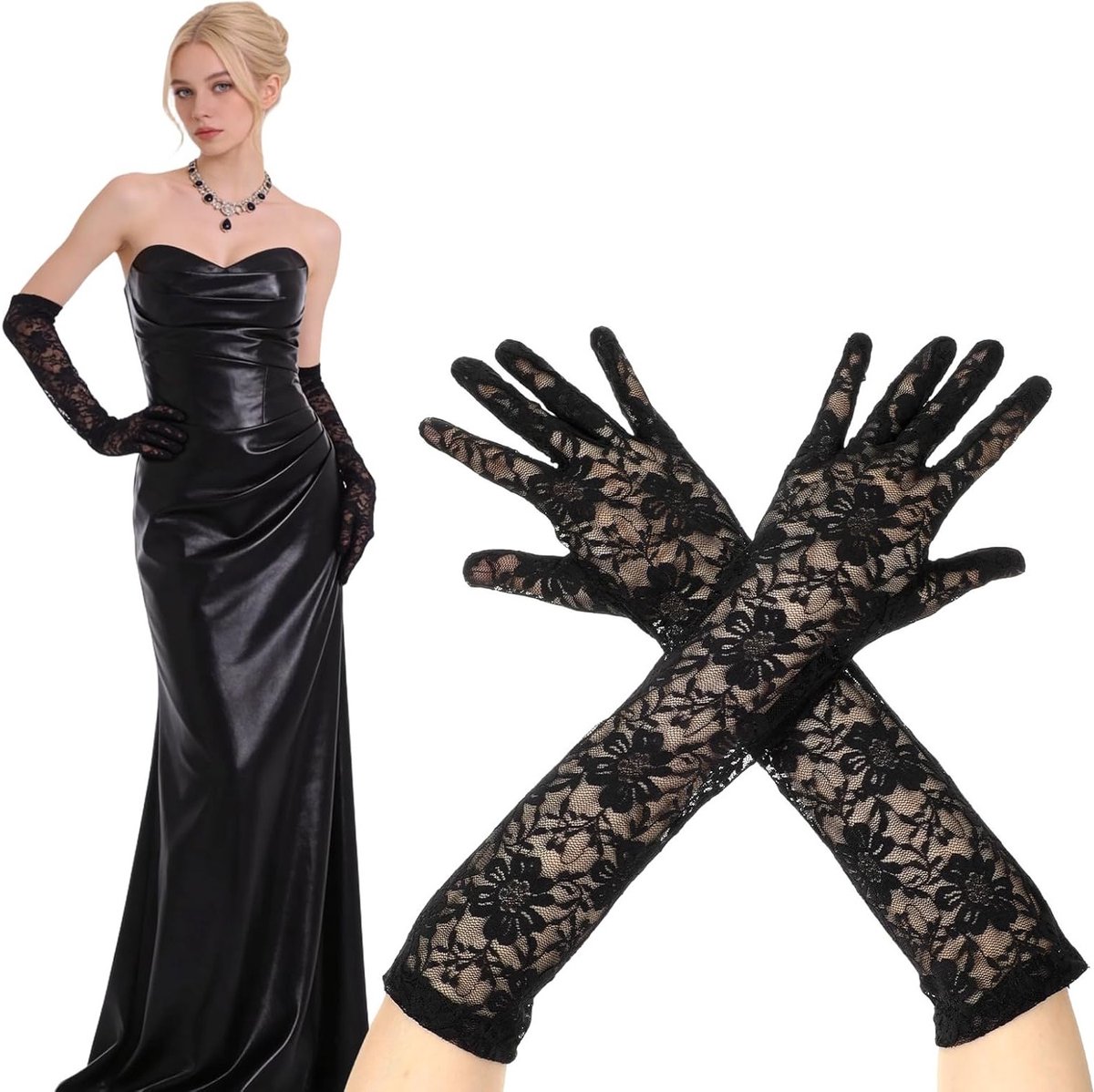 Elegante lange zwarte kanten handschoenen voor dames, perfect voor feesten, bruiloften en Halloween evenementen