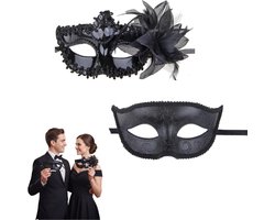 Venetiaans masker set van 2, kostuummaskers met bloemenrand en retropatroon voor carnaval en feestjes, elegant maskerade-accessoire voor dames en heren