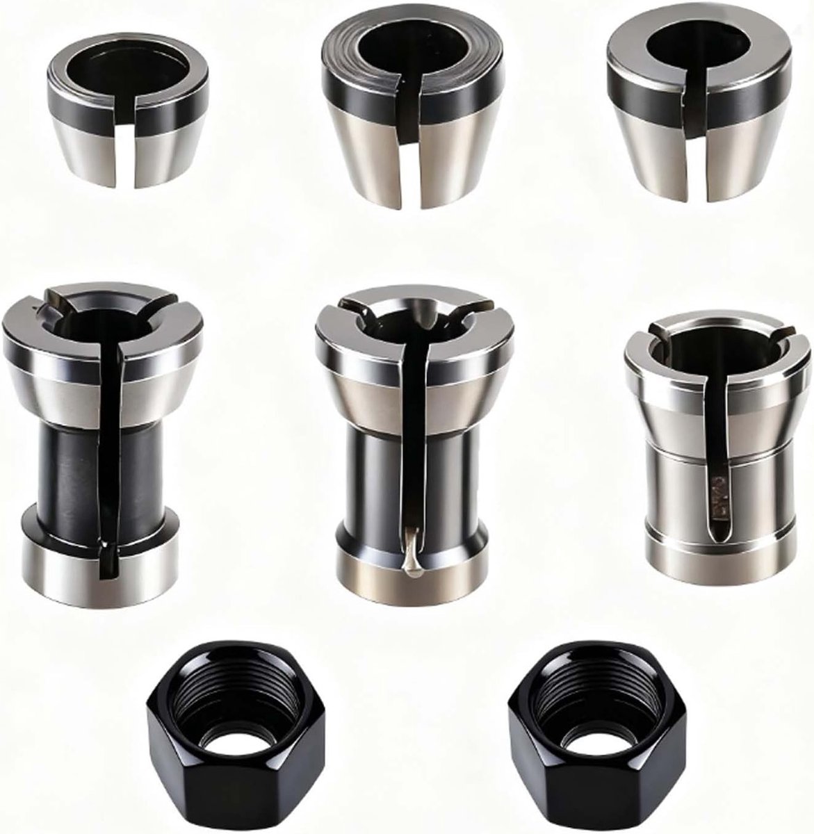 Set van 6 spanning adapters (6 mm, 6.35 mm, 8 mm) en 2 moeren, precisietangen voor graveren en houtbewerking, ideaal voor hobbyisten en professionals