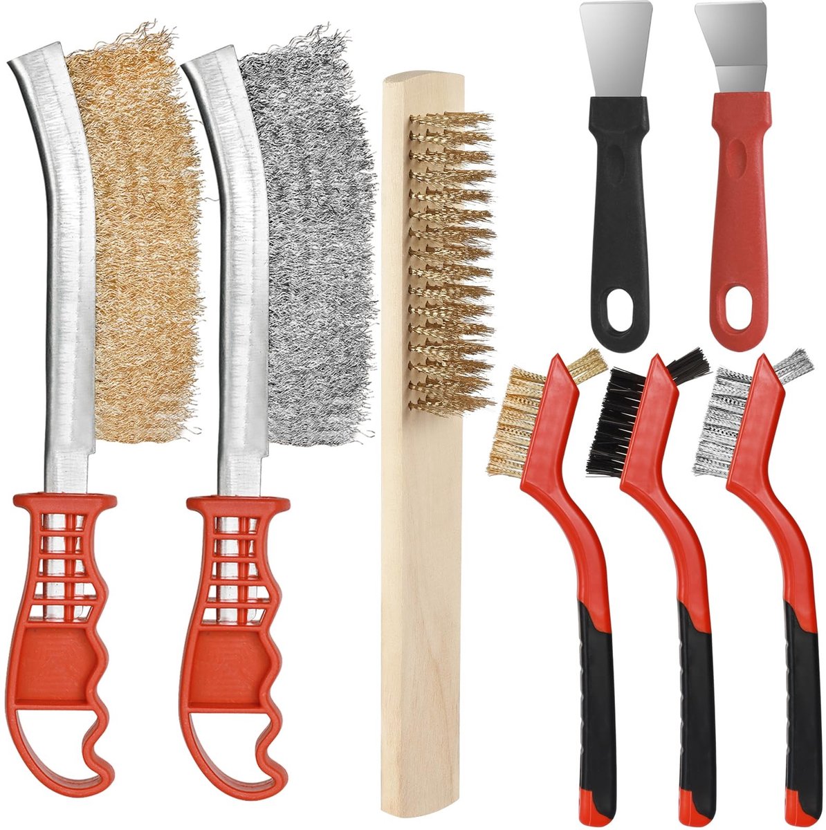 Allecto - Set van 8 Draadborstels - Roestvrij Staal - Ideaal voor Schoonmaken - Rood en Zwart - Borstels voor Roestverwijdering - Inclusief Spatels..