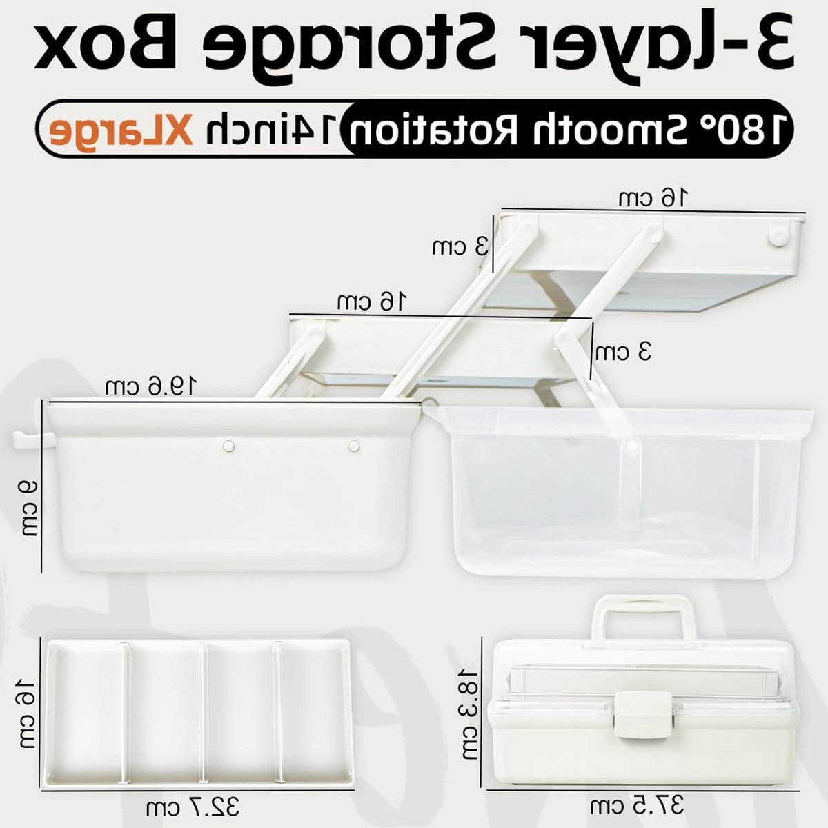 37 cm 3-laags multifunctionele opbergdoos, sorteerkist, organizer voor knutsel- en naaibenodigdheden, medische spullen en gereedschap met 2 planken (wit, 14XL)