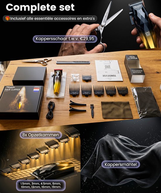 Complete kappersset met zwarte en gouden tondeuse, schaar, kam, diverse opzetkammen (1.5mm tot 19mm), USB-C kabel en kappersmantel.