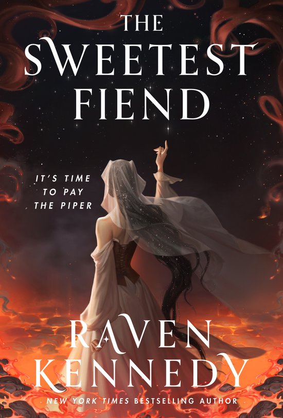 Couverture du livre "The Sweetest Fiend" avec une femme en robe blanche et voile, devant un fond enflammé.