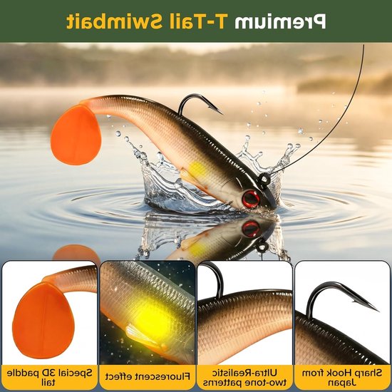 6 stuks Pre-Rigged Zacht Plastic Kunstaas voor Vissen, 9cm Paddle Tail Swimbaits, Jerk Aas voor Bas, Forel en Roodbaars in Zoet- en Zoutwater — afbeelding 2