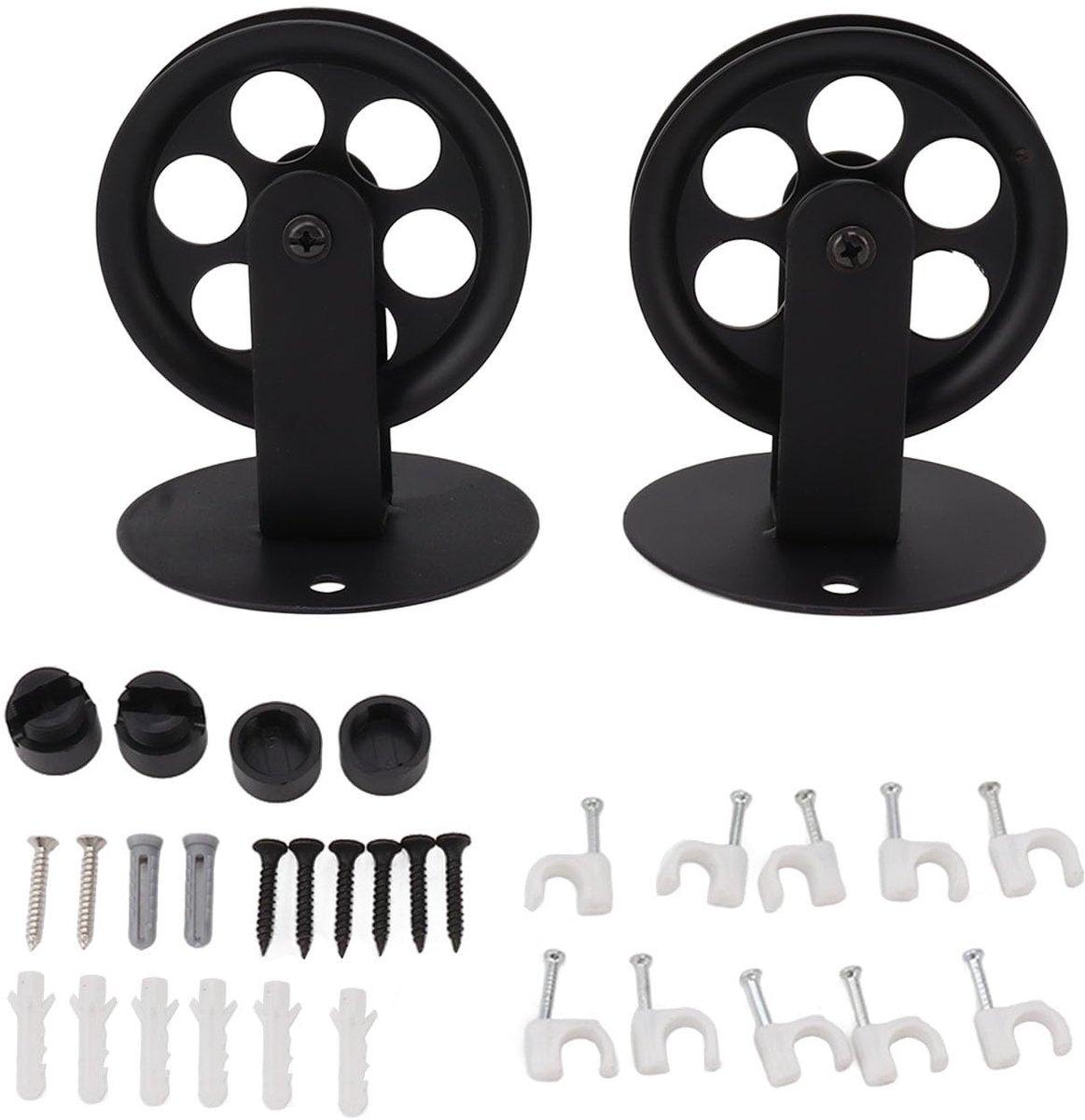 Set van 2 Vintage Wand- en Plafond Pulleys - Zwarte Pulleywielen voor Hanglampen