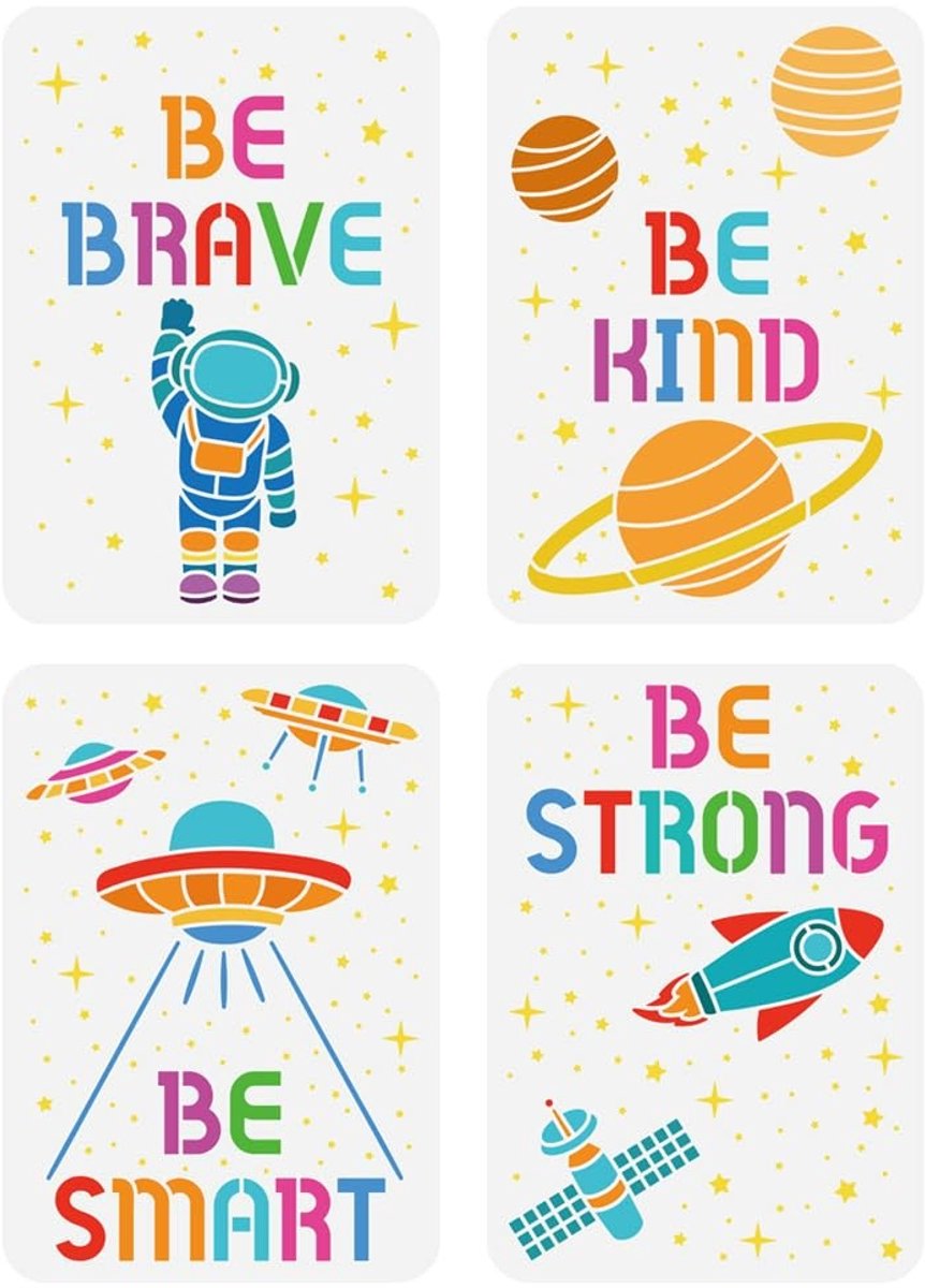 aladdien - Ruimteschip Stencil - Schilderen - 4 Stijlen - 21x29,7cm - Creatieve DIY - Astronaut en Planeet - Geschikt voor Kinderen en Volwassenen