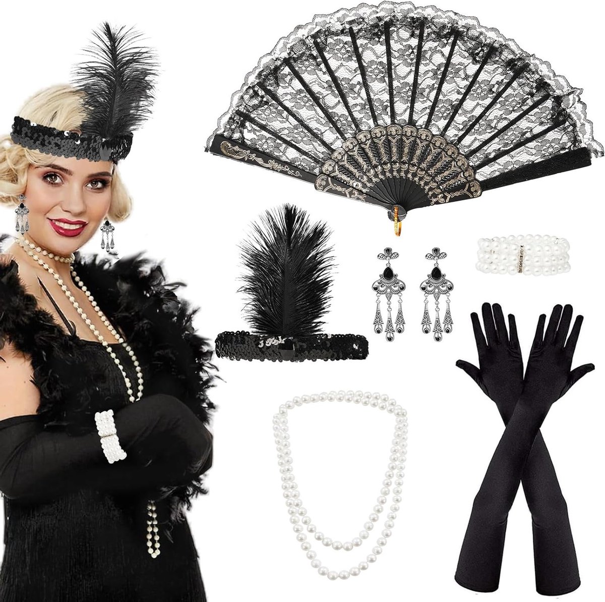 Stijlvolle 1920s kostuum accessoires voor dames, inclusief hoofdbanden, handschoenen, kettingen en oorbellen voor carnaval en themafeesten