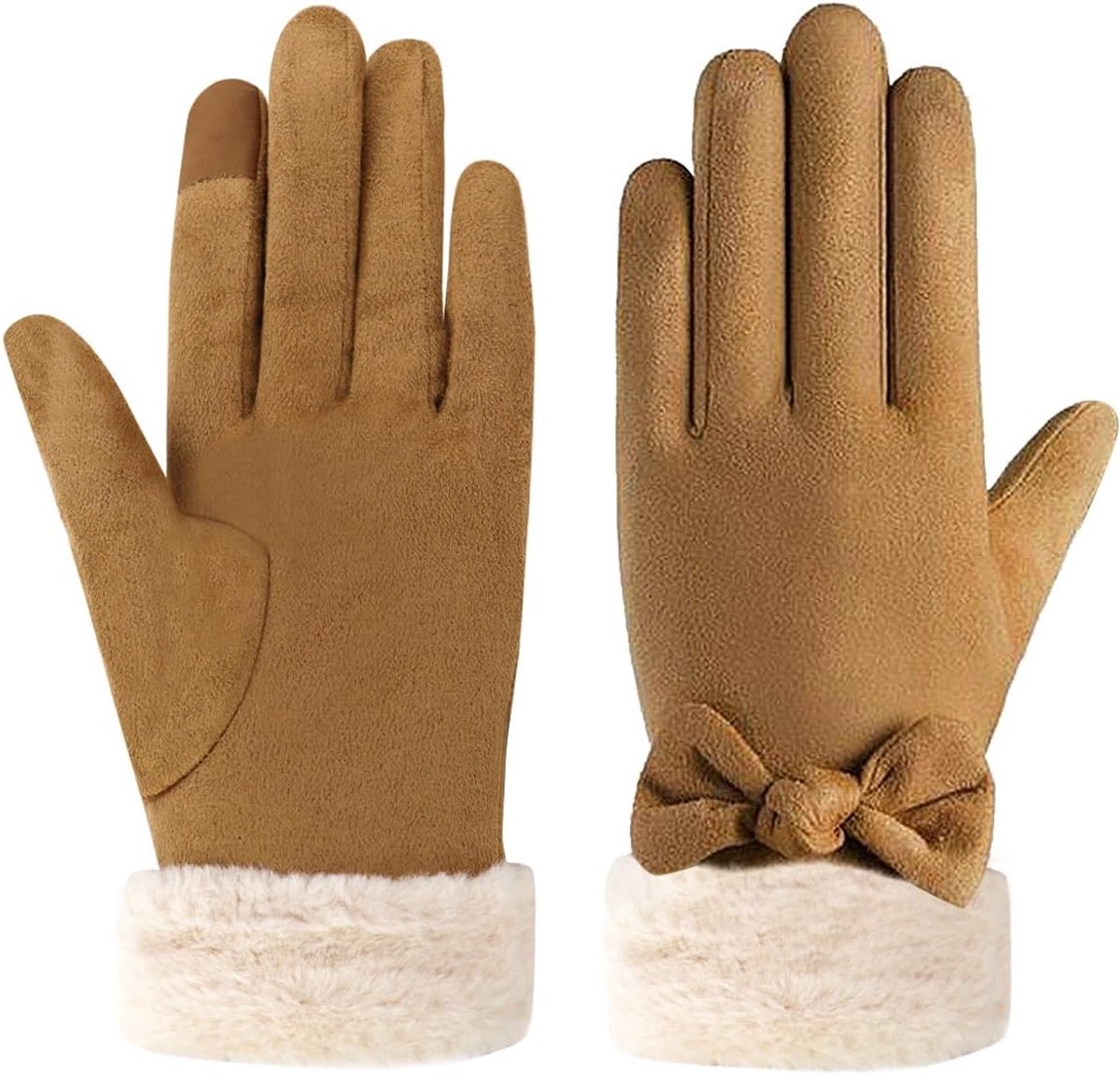 Warme Touchscreen Handschoenen voor Dames, Mode Thermische Winterhandschoenen met Strik, Zachte Pluche en Dikke Isolatie voor Koud Weer en Autorijden