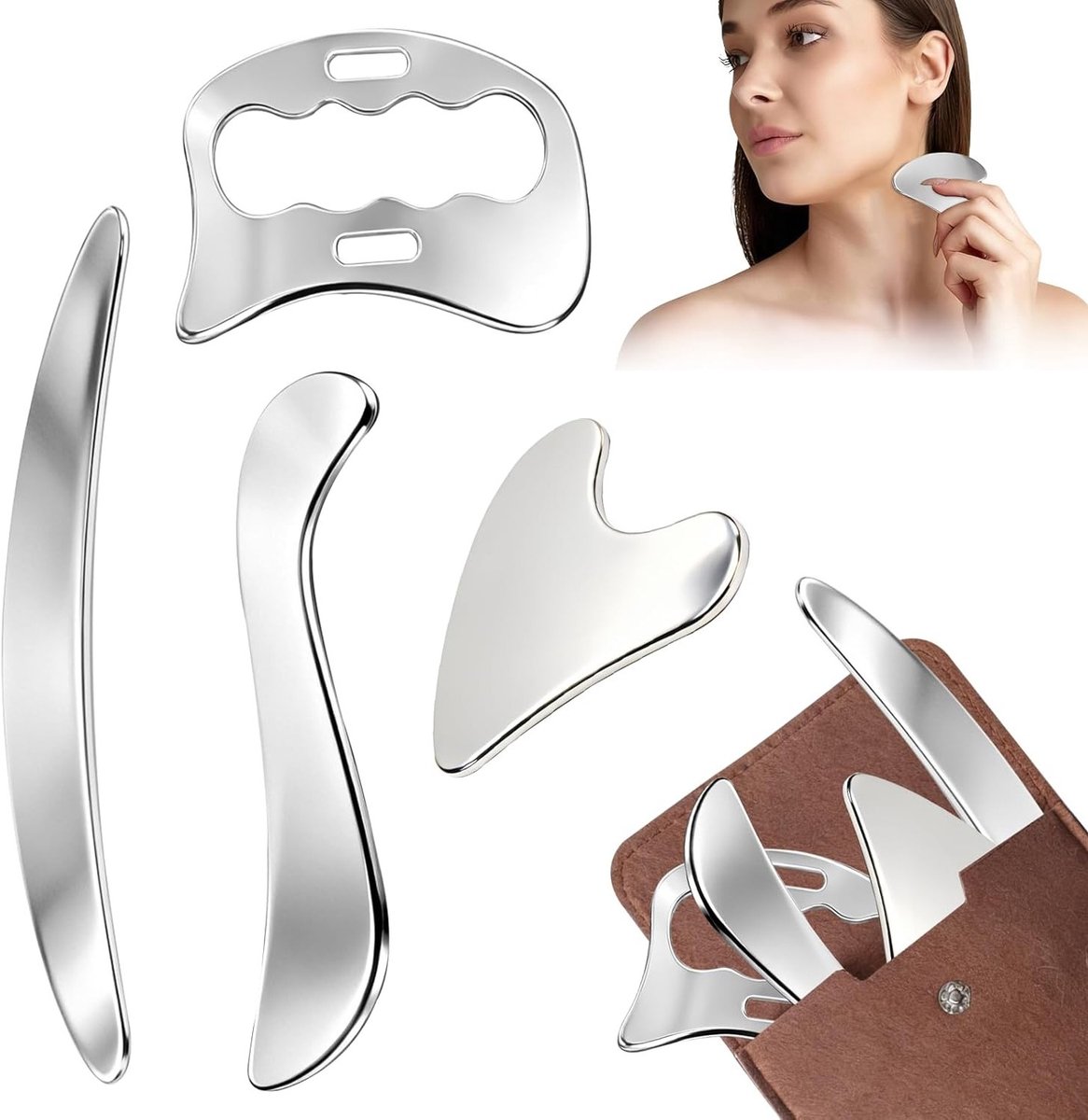 4-in-1 RVS Gua Sha Massage Tool voor Spierverzorging, Lymfedrainage en Gezichtsmassage met Opbergzak voor Rug, Benen en Hals