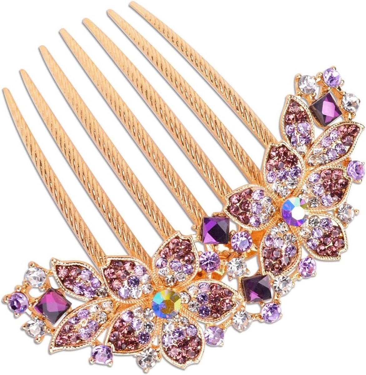 Haarkam voor Vrouwen met Ingelegde Bloemen en Strass Steentjes, Bruidsaccessoire en Cadeau voor Meisjes (Paars)