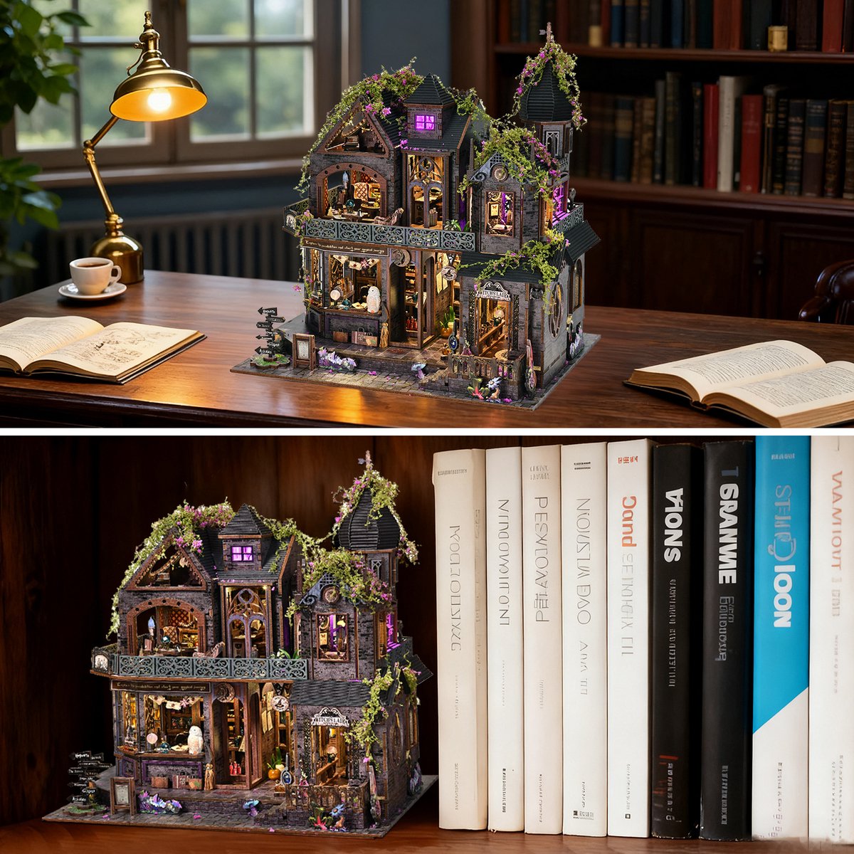 Premium Miniatuur XXL bouwpakket (Extra groot) - DIY Houten 3D Puzzel Magic House met LED Verlichting, Bewegingssensor & Muziekdoos – Book Nook Boekensteun Miniatuur Bouwpakket – Cadeau voor Volwassenen (15+) — afbeelding 4