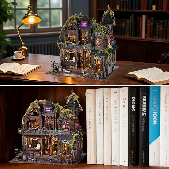 Premium Miniatuur XXL bouwpakket (Extra groot) - DIY Houten 3D Puzzel Magic House met LED Verlichting, Bewegingssensor & Muziekdoos – Book Nook Boekensteun Miniatuur Bouwpakket – Cadeau voor Volwassenen (15+)