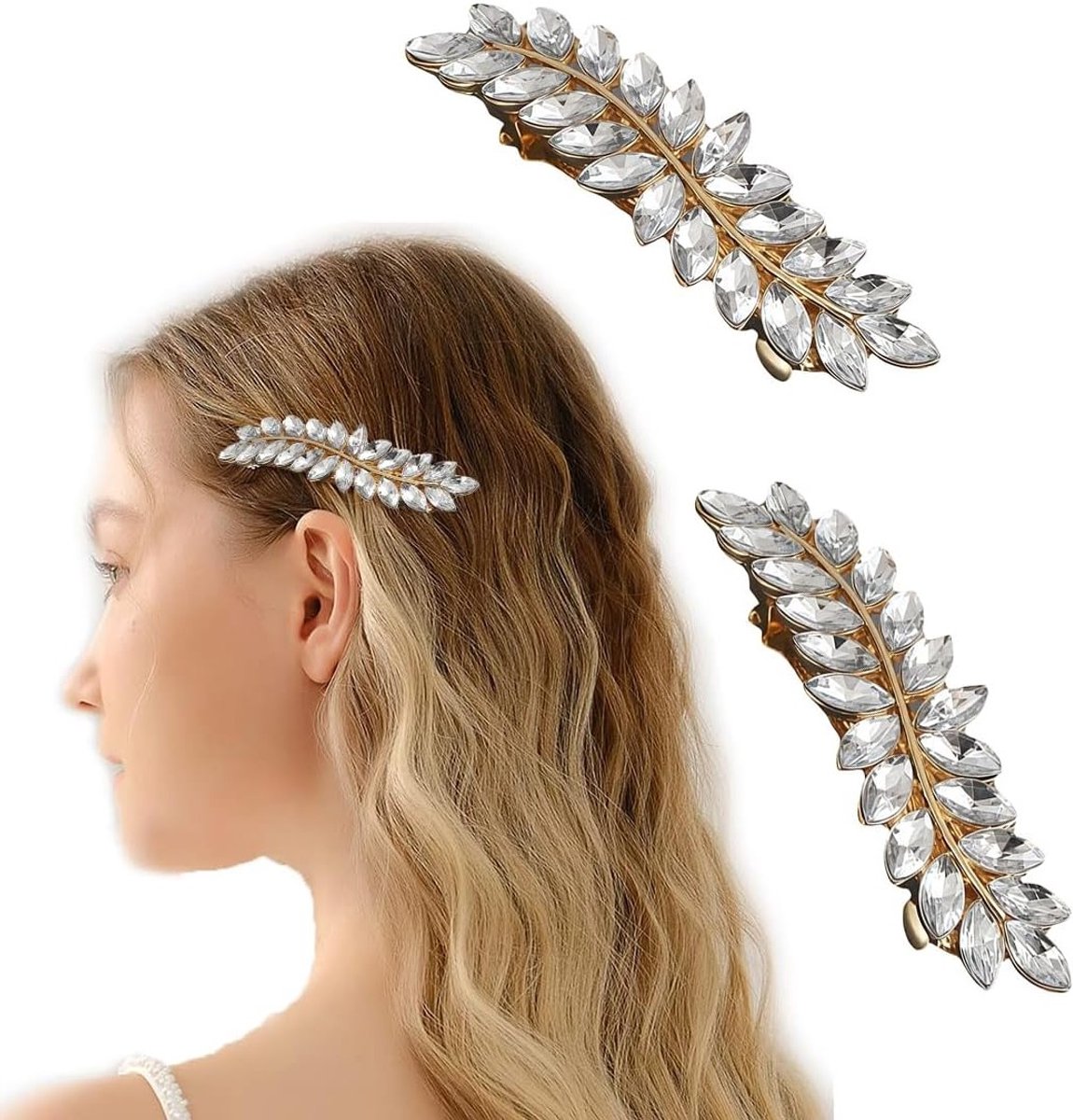 2x Brede Haarclips Goud met Kristallen - Antislip & Glanzend voor Dik Haar