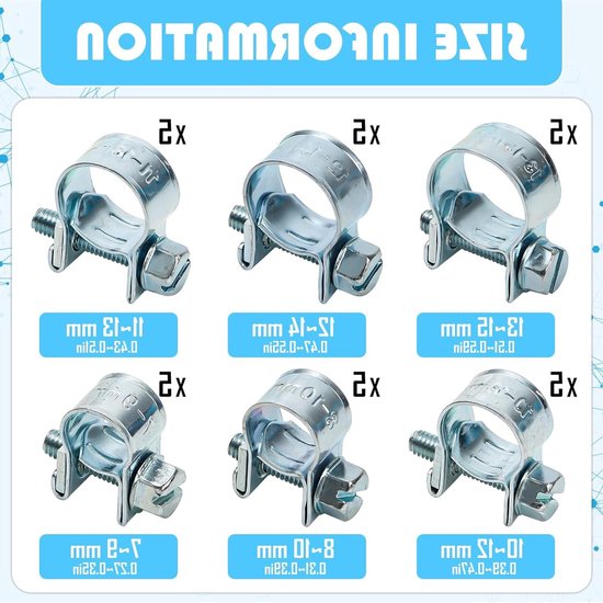 Mini Slangklemmen Set van 30 Stuks, Verstelbare Slangklemmen voor Brandstofleidingen, Uitlaatpijpen en Benzinetubes (7-15mm) van MINI — afbeelding 5