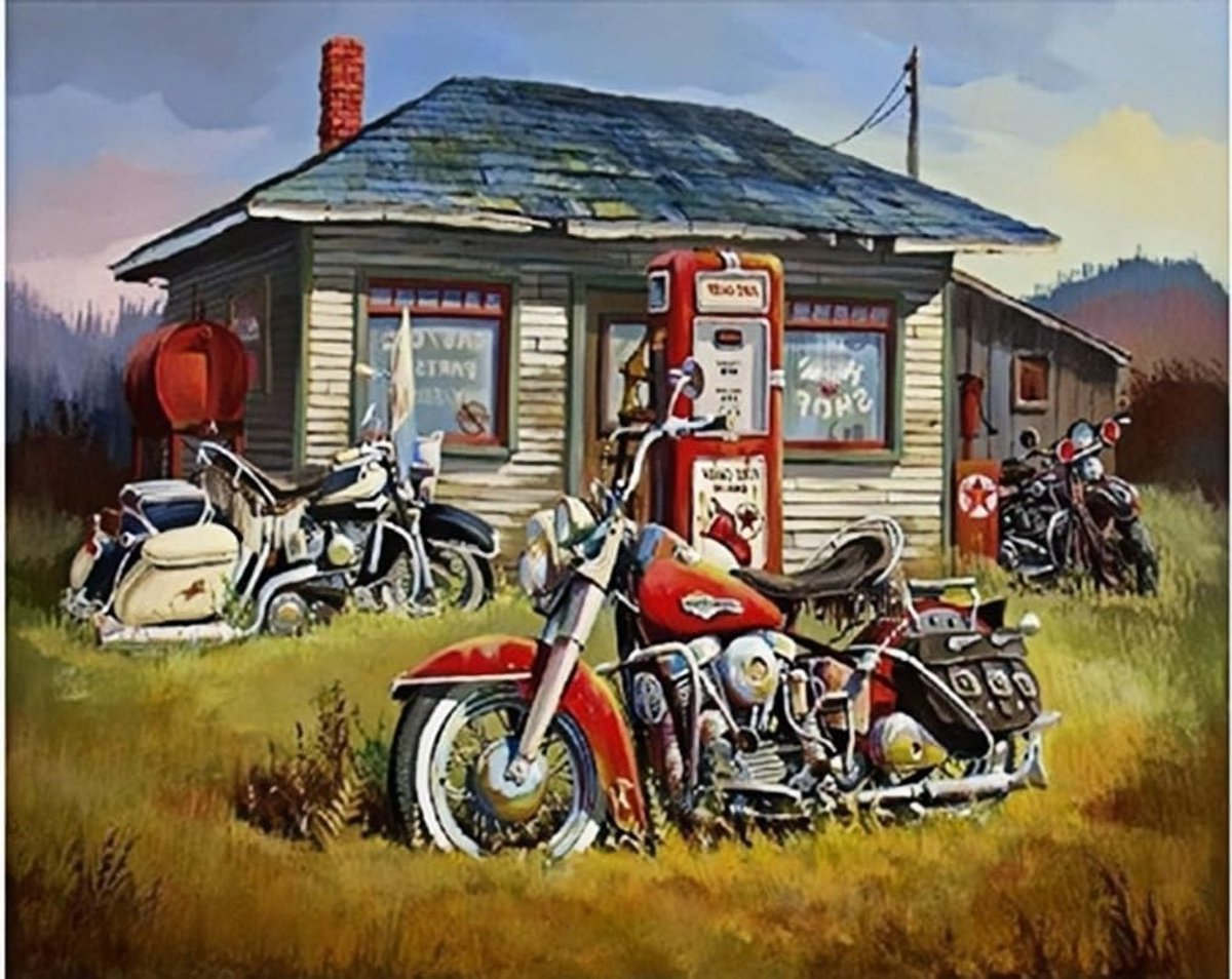 Schilderen op nummers voor volwassenen - motorfiets in het gras voor het huis 16x20" nummer schilderij voor beginners, creatief hobbyproject, ontspannende activiteit