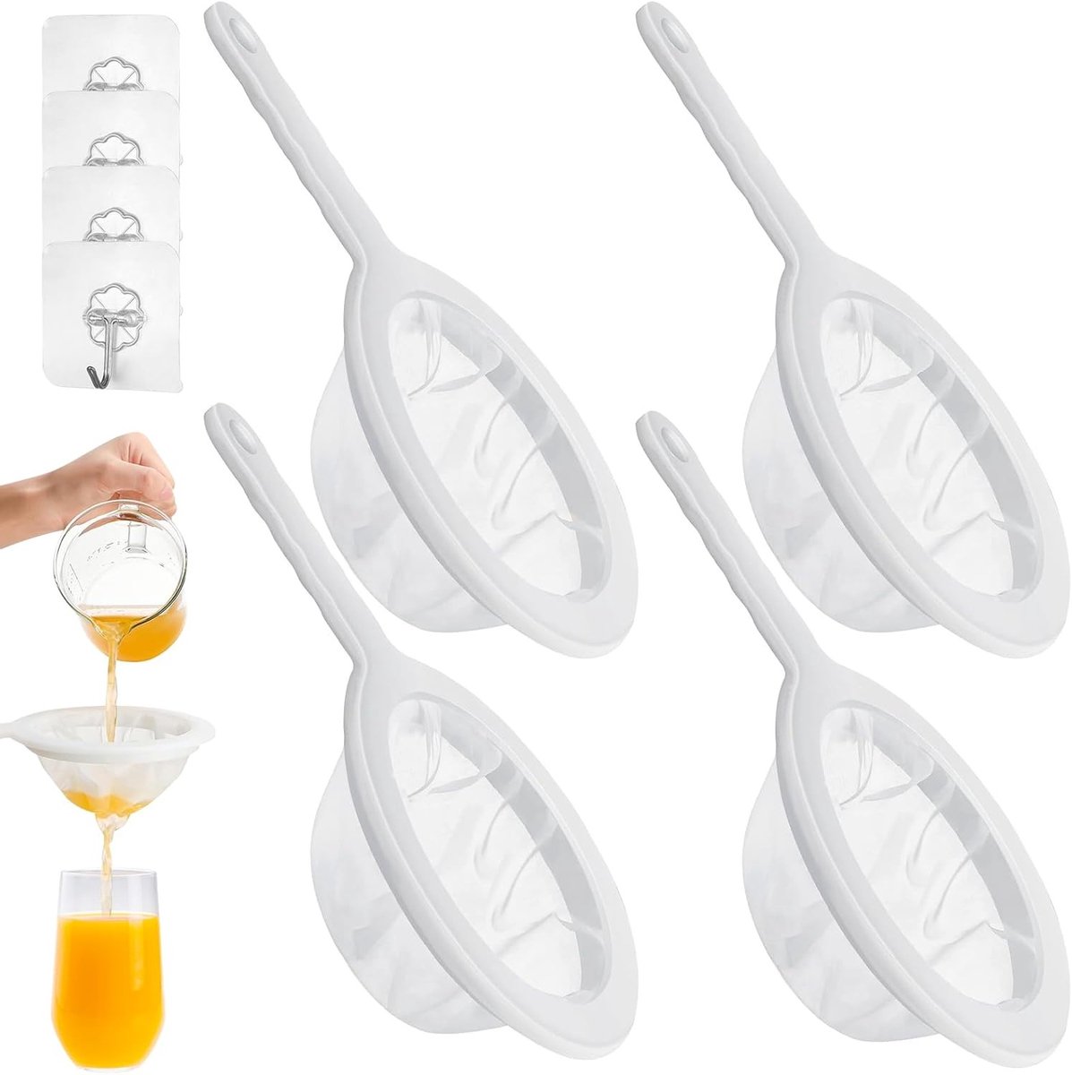 Set van 4 Fijne Zeefjes met Handvat en 4 Hechters - Ideaal voor Sap, Melk, Wijn en Koffie met 100/200/300/400 Mesh