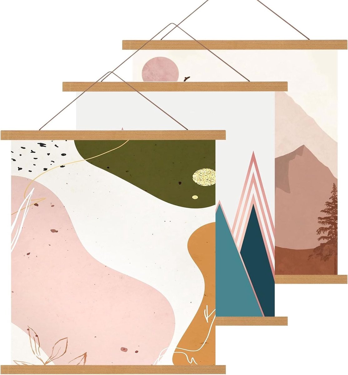 Set van 3 A2 Posters, 41 cm Lange Posterlijst, Magnetische Hanger voor Posters, Houten Fotolijst en Wanddecoratie