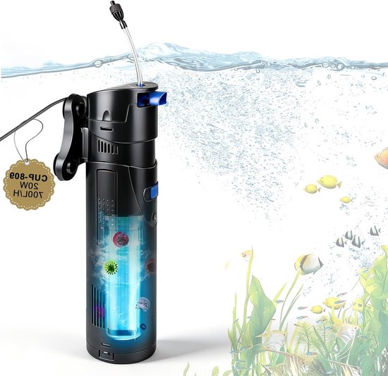 4-in-1 Aquarium Pomp Filter met UVC Lamp, 9 W, Stil, 700 L/h, Anti-Algen, Luchtpomp voor 150-300 L Aquaria en Vijvers, Compleet Systeem met Spons en Media