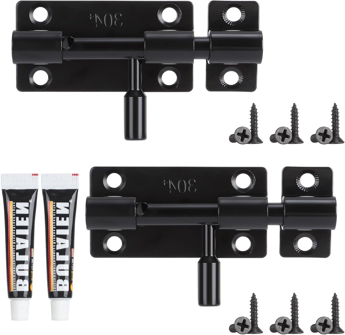 Set van 2 RVS Deursluitingen, Zwarte Schuifstangen met Hangslotgat, Verstevigde Latch Lock voor Tuindeur, Badkamer en Schuur, Inclusief 12 Schroeven