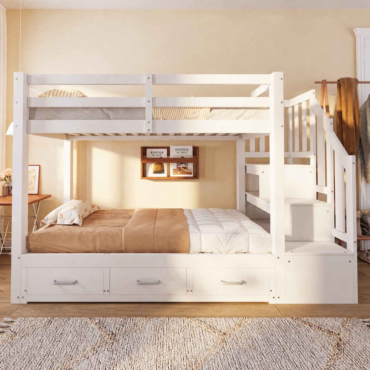 VVBV Stapelbed 90x200 en 180x190 – Kinderstapelbed met Uitschuifbed, Opbergruimte en Lades – Hout – Wit – Lattenbodem – Voor Kinderen en Tieners