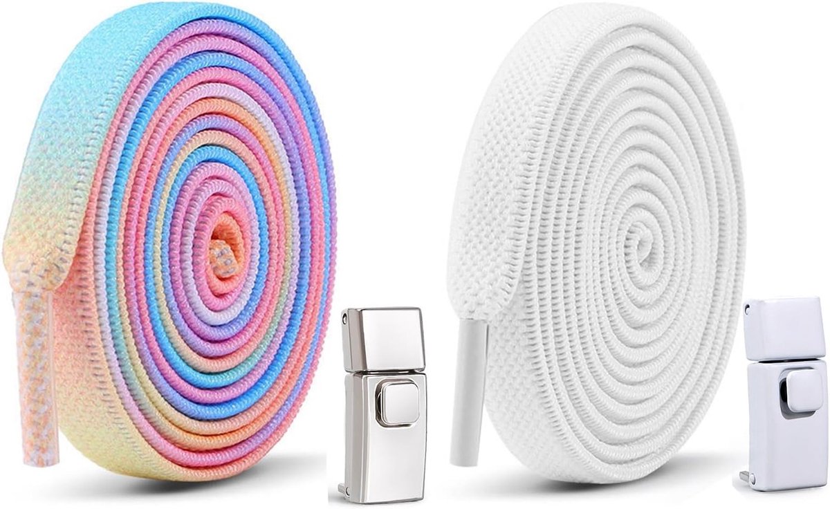 Elastische veters zonder strikken voor kinderen en volwassenen, 2 paar regenboog en witte veters, 100 cm, voor schoenen met 7-8 gaten, ideaal voor gemak en comfort