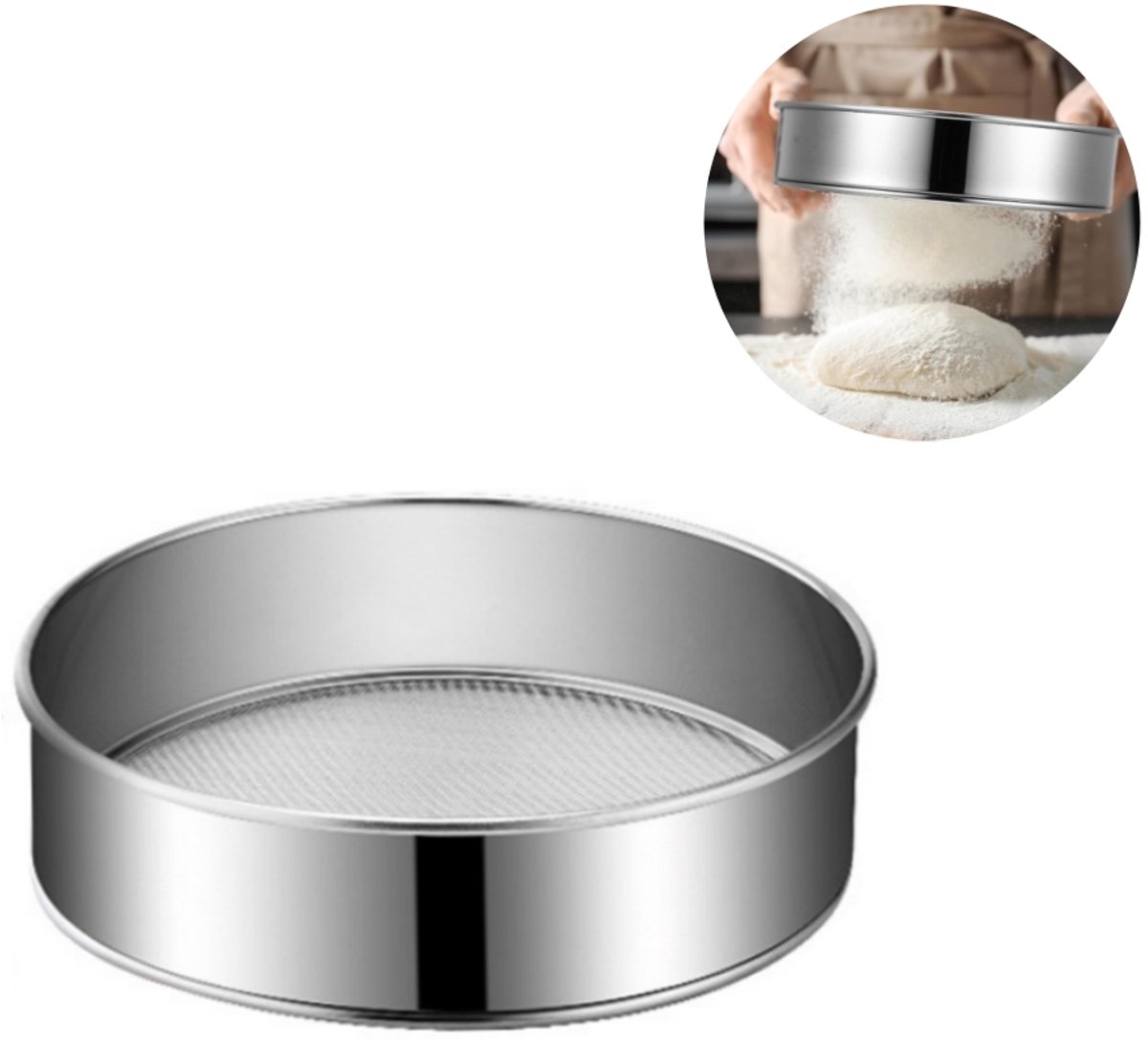 1 stuk - Fijne meelzeef - Ronde meelzeef - Roestvrij staal - Herbruikbaar - Geschikt voor het bakken en decoreren van taarten, gebak en cupcakes (20 cm, 60 mesh)