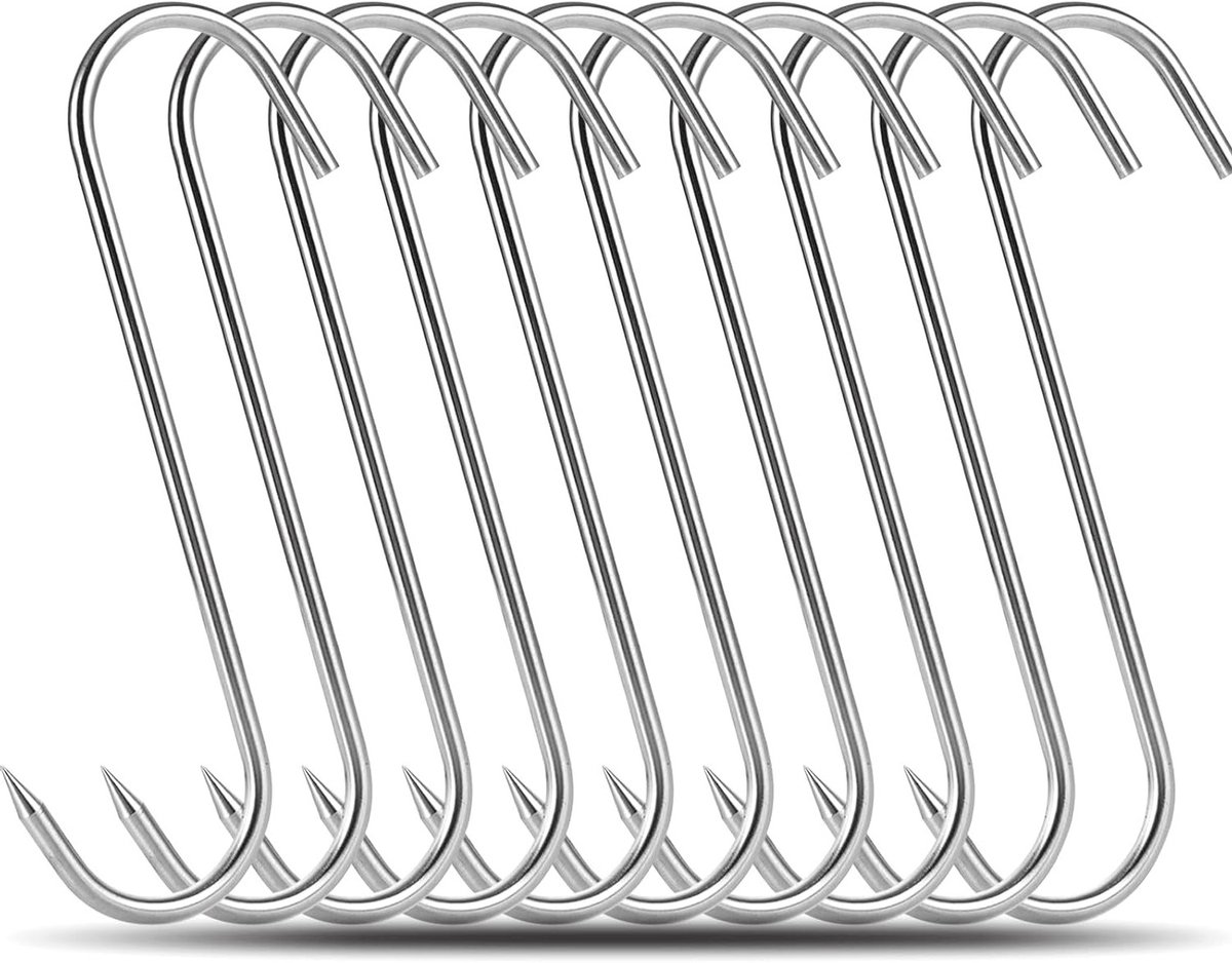 10 Stuks Vlees Haken - Robuuste 10mm S Haken van Roestvrij Staal voor Vleesverwerking, Roken en Barbecue, Ideaal voor Droogprocessen en Worstmaken