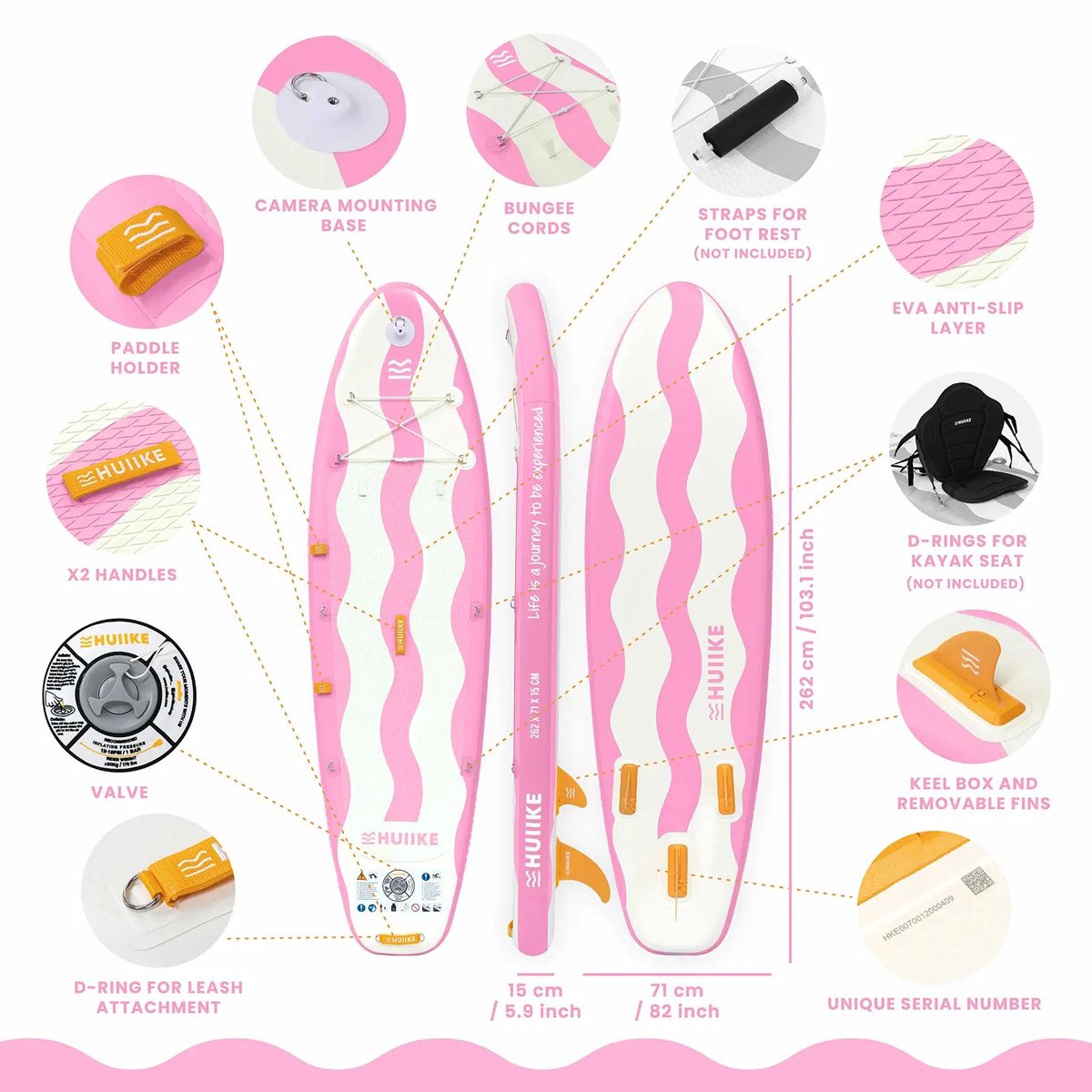 HUIIKE SUP Board - Opblaasbaar Paddle Board voor Kinderen met Accessoires, Peddel, Vinnen, Pomp - Stand Up Paddle Hoge Stabiliteit - 262 x 71 x 15 cm - Max. 80 kg – foto 3