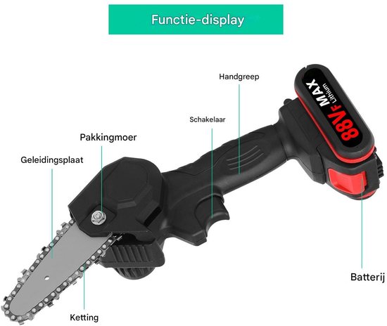 21V Accu Snoeischaar en Mini Kettingzaag – 4 inch Brushless – Draadloos voor Takken en Boom – 2 Accu’s — afbeelding 5