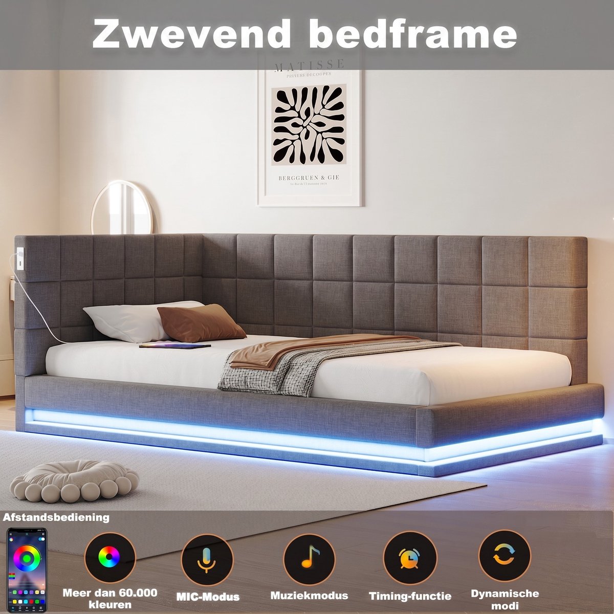 VVBV Slaapbank 1 persoons / Bedbank 90x200 – met Lades, LED-Verlichting, USB, Stopcontact, Lattenbodem – Linnen – Grijs – Gestoffeerd Bed van Linnen Grey
