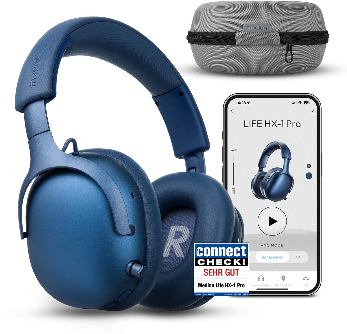 MEDION Over Ear koptelefoon HX-1 Pro (draadloos, hybride actieve ruisonderdrukking ANC, Bluetooth 6.0, 7+1 EQ-presets, tot 190 u batterijduur, spatwaterdicht IPX4), blauw