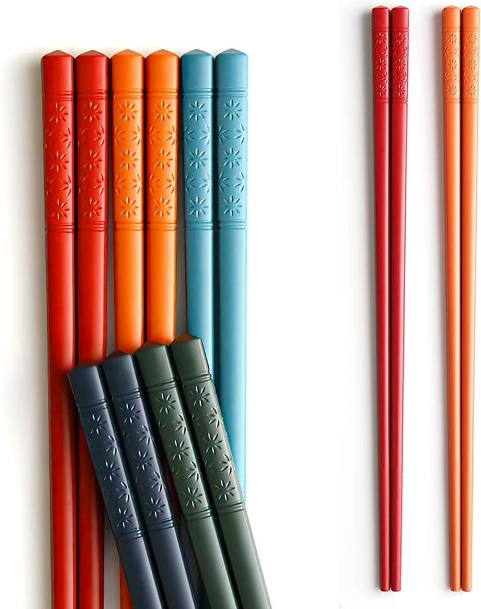 Vijf Paar Herbruikbare Chinese Fiberglass Eetstokjes in Meerdere Kleuren - Vaatwasserbestendig en 24 cm Lang