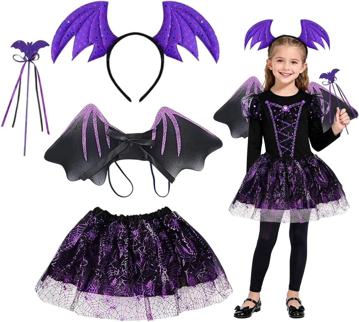4-delige Bat Kostuum Set voor Kinderen met Vleugels, Hoofdband, Toverstaf en Tutu Rok voor Halloween en Carnaval