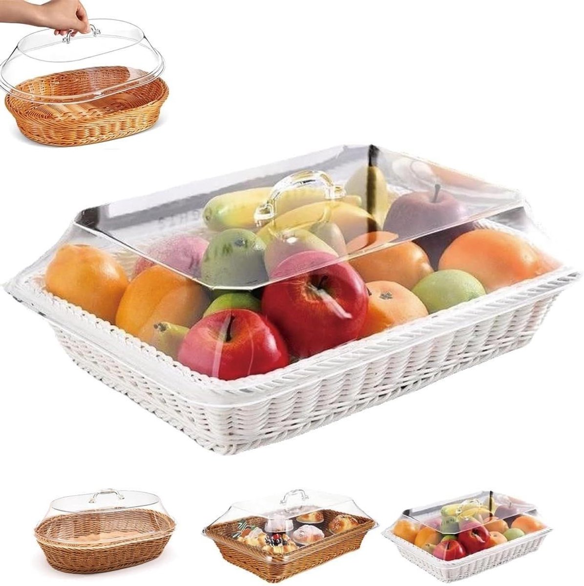 Rattan mand met deksel - Opbergmand Woven - Keuken Organiseren - Transparant acryl deksel - 1 stuk - Wit