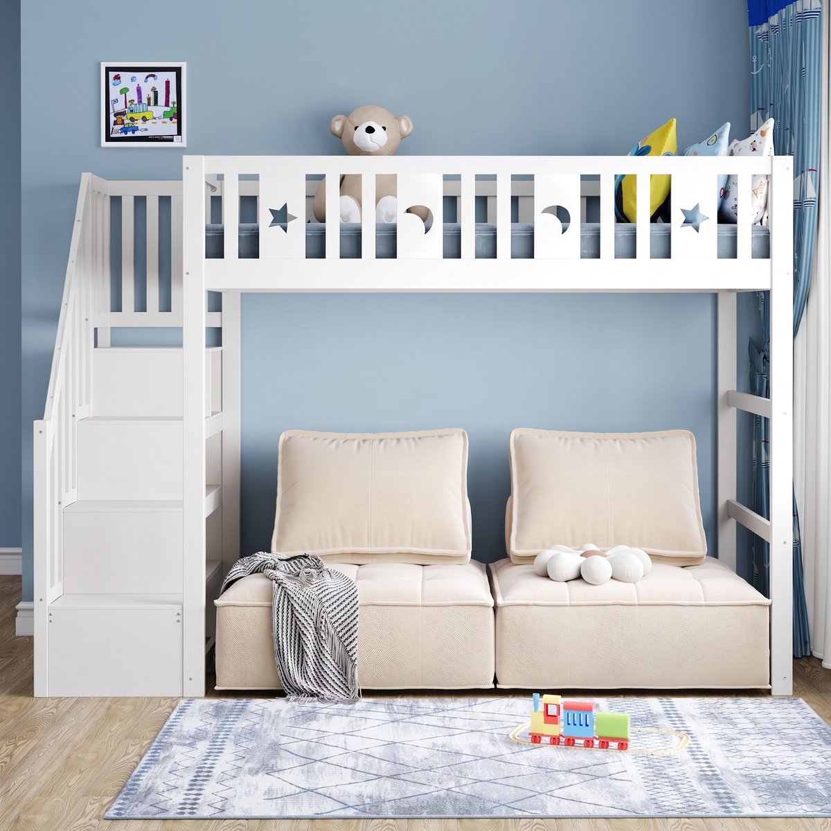 VVBV Stapelbed 90x200 – Kinderstapelbed met Trap en Veiligheidshek – Massief Hout – Wit – Voor Kinderen en Tieners – Opbergruimte White
