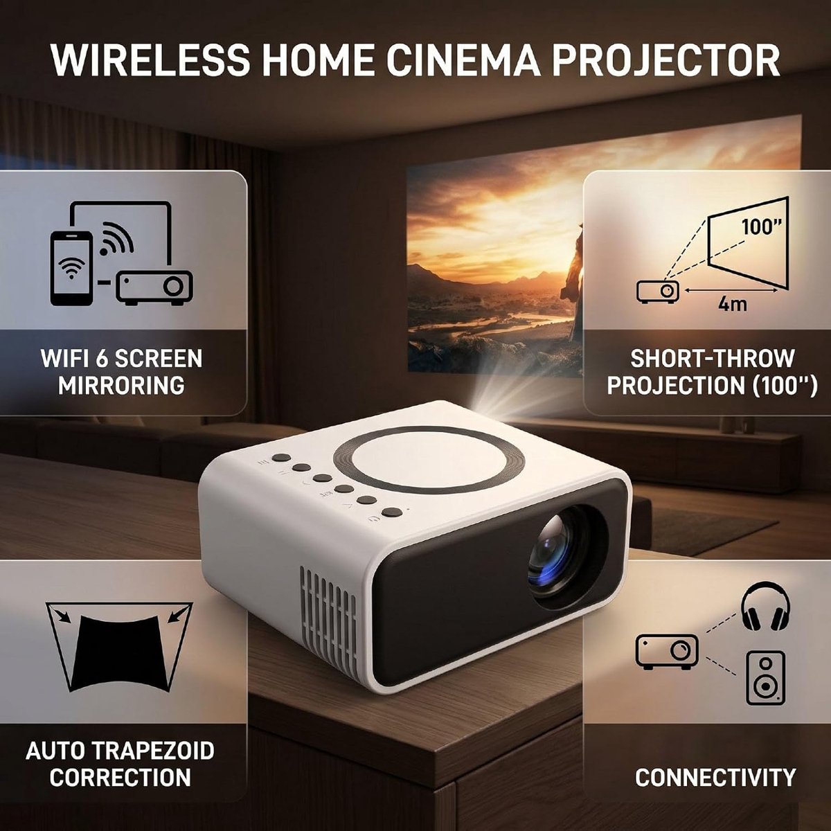 KZQ Mini Projector - Draagbaar Full Hd 1080p Led Projector Met Wifi - Geschikt Voor Telefoon En Computer - Ideaal Voor Thuis Slaapkamer Tuin Binnen Buiten Kamperen En Voetbal Kijken - Wit – foto 3