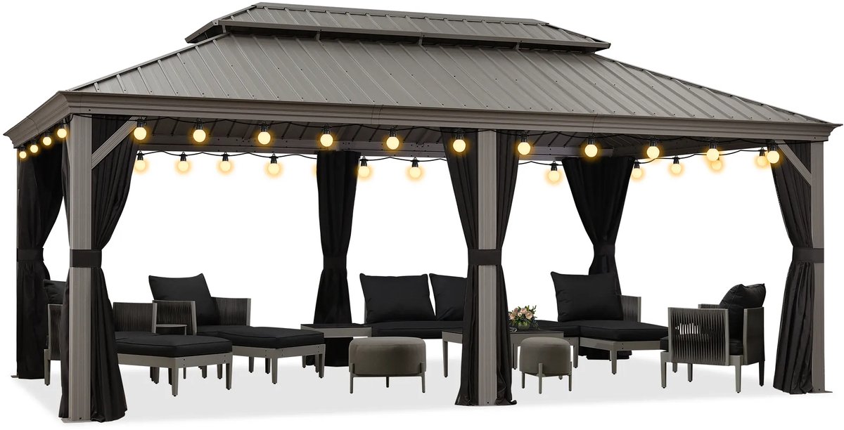 PURPLE LEAF Hardtop Aluminium Tuinpaviljoen – Dubbel dak – Hoogwaardige Gordijnen – Wind- en weerbestendig – Luxe Lichtgrijs – Met Sfeerverlichting