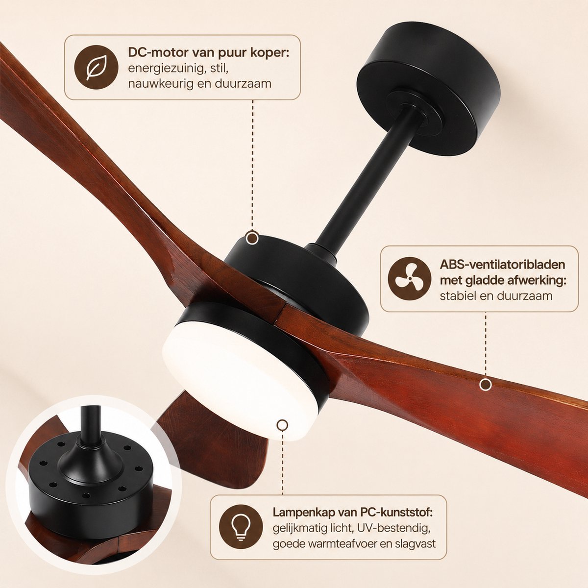 Rosnek Plafondventilator met Lamp - Ventilator Plafond met Massief Houten Bladen - LED Plafondlamp Dimbaar - Afstandsbediening & App - 6 Snelheden - Stille DC Motor - Ø106cm thumbnail 5
