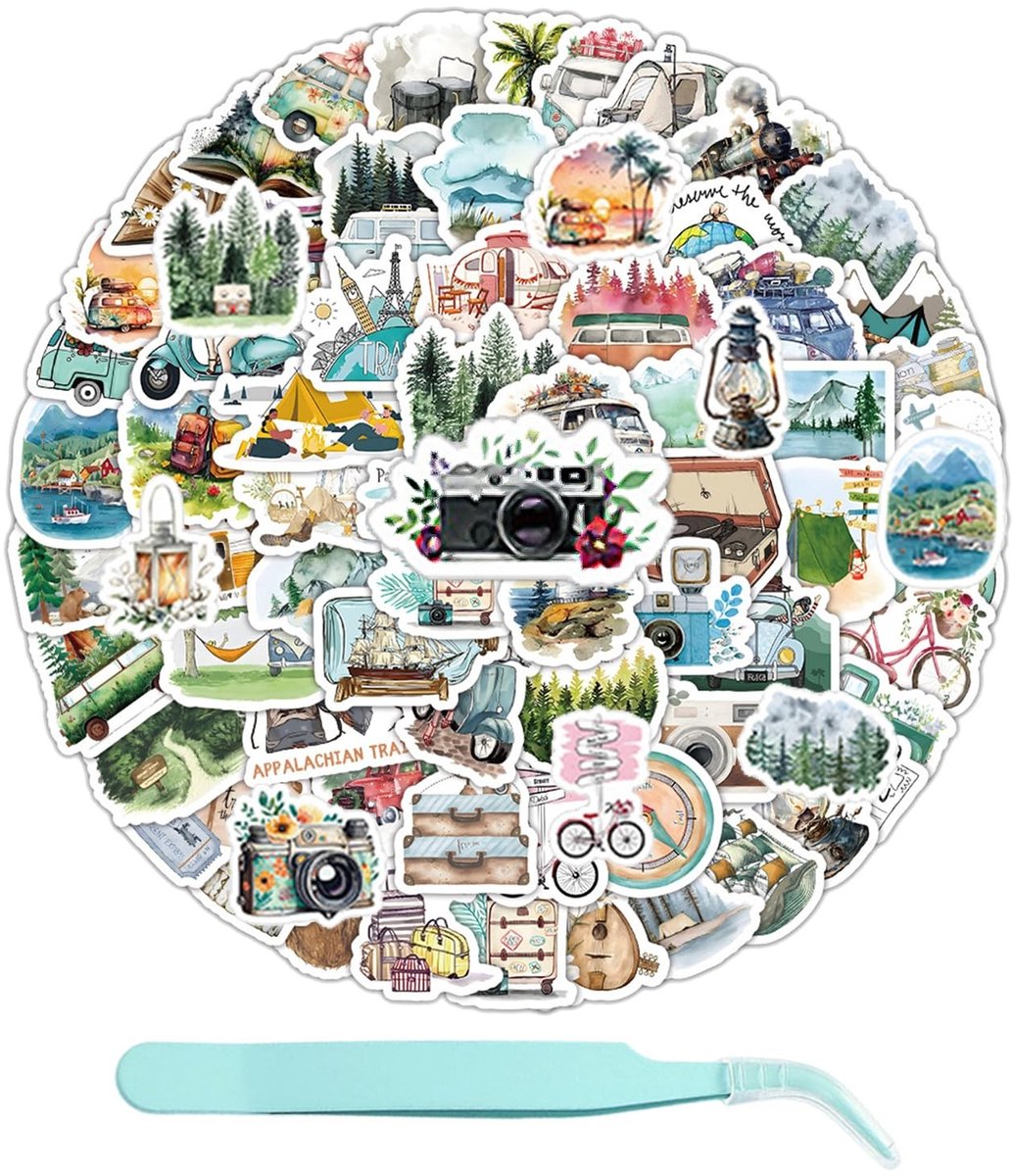 Dailygoods- Landschapsstickers 100 stuks - Waterdichte Stickers - PVC Zelfklevend - Pincet Roestvrij Staal - 2-8 cm - Kleurrijk Ontwerp