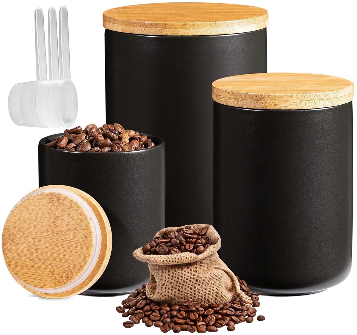 Dailygoods- Voorraaddozen set van 3 - Keramisch - Luchtdicht - Met deksel van bamboe - Inhoud 260/800/1000 ml - Voor koffie, suiker, thee, muesli - Opbergdozen