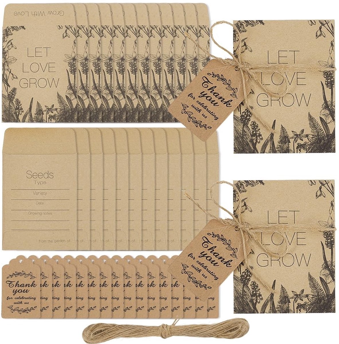 Dailygoods- Bloemzaad - 100 Sets Bruiloft Bedankjes - Bloemzaadjes Cadeau - Henneptouw - Bedankkaartjes - Gedenkwaardig Aandenken - Trouwbedankjes