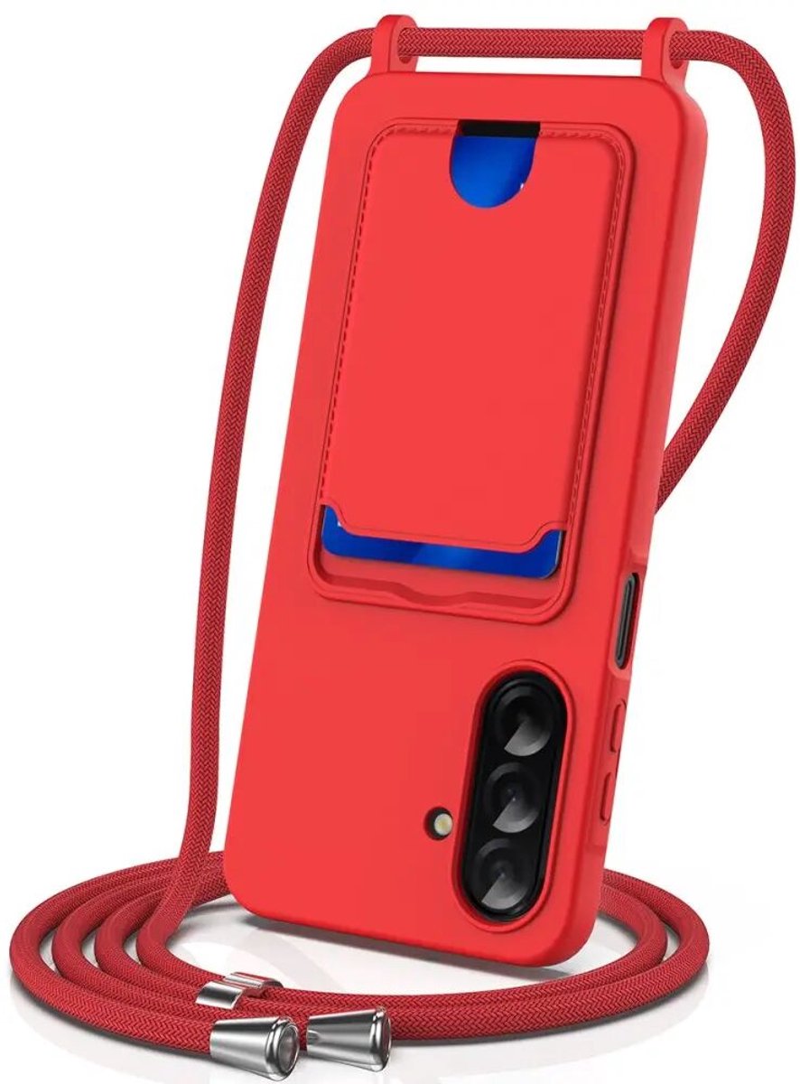 Hoesje met Koord en Pasjeshouder Geschikt voor Samsung Galaxy A56 / A36 | Back Cover met Crossbody Koord en Kaarthouder | Ideaal voor Festival/Vakantie | Siliconen | Rood