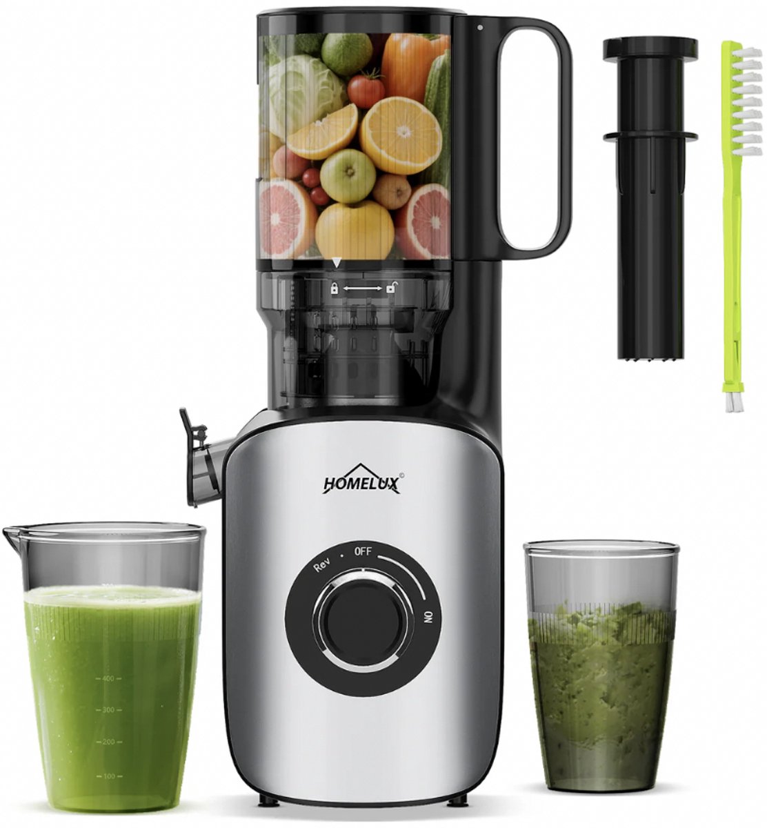 HOMELUX Slow Juicer 220W - 126mm XXL - Vulopening voor hele vruchten - Elektrische koudperssapcentrifpge - INCL 2 bekers en schoonmaakborstel