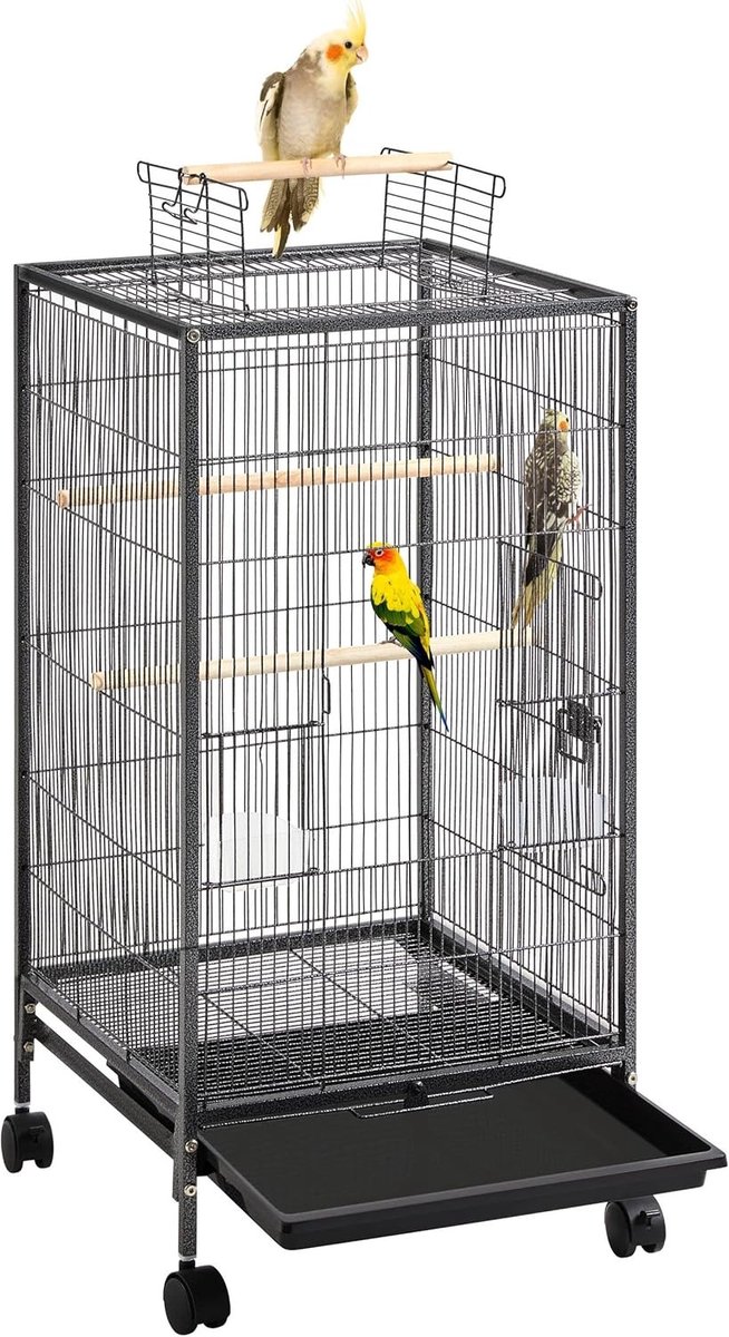 Vogelkooi met Standaard en Wielen - Grote Vogelkooi voor Parkieten, Kanaries en Valkparkieten - Verrijdbare Vogelkooi met Dakopening, Zitstokken en Voerbakken - Zwart