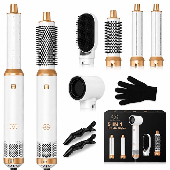 Set van 2 witte en gouden haardrogers, 5 opzetstukken, föhnmondstuk, zwarte handschoen, haarclips en verpakking.
