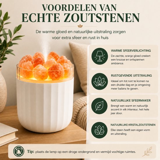 De voordelen van echte zoutstenen: warme sfeerverlichting, rustgevende uitstraling, natuurlijke sfeermaker en unieke kristalzoutstenen.