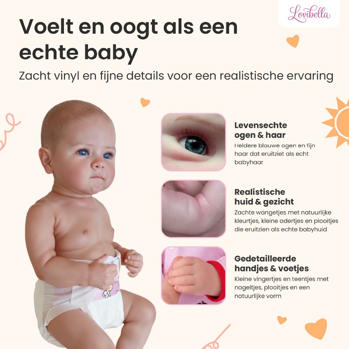 Lovibella® Livia Reborn Baby Pop Meisje - Levensechte Babypoppen - Dementie poppen - 45 cm - Complete Accessoires Set - Realistische Poppen - Zoals Echt - Zacht Vinyl - Doll Speelgoed 3 Jaar — afbeelding 3
