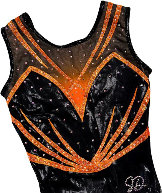 Sparkle&Dream Turnpakje Bibi Zwart Oranje mouwloos - Maat CME 122-128 - Gympakje voor Turnen, Acro, Trampoline en Gymnastiek